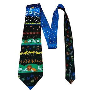 Christmas Silk Neck Tie for Men Christmas Art Project 1998 Colorful Animals Star
